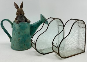 Vintage Rabbit in Watering Can & Frosted Glass Heart Containers (Lot of 3)