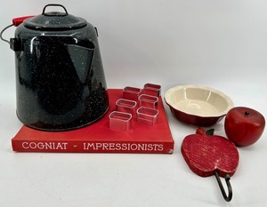 Speckled Enamel Black Tea Pot with Red Handle - Cogniat Impressions Book &amp Ceramic Bowl with Apple Accent Pieces
