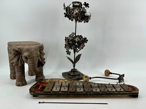 Decorative Metal Tree Sculpture, Elephant Display Stand, Wall Hook and Antique Xylophone