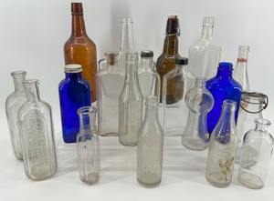 Assorted Glass Bottles - Frostie Soda Bottle, Blue & Clear Bottles