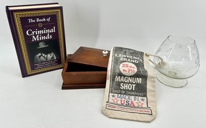 The Book of Criminal Minds Hardcover & Wooden Box with Magnum Shot Bag & Glass Snifter