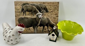 Sheep Canvas Print, Haeger Vase, Chicken Figurine &amp Birdhouse&nbsp
