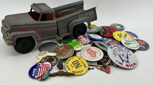 Hubley Toy Dump Truck Lancaster PA Made in USA with Assorted Pin Back Badges