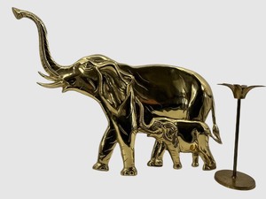 Brass Elephant Wall Sculpture with Upturned Trunk & Brass Candle Holder