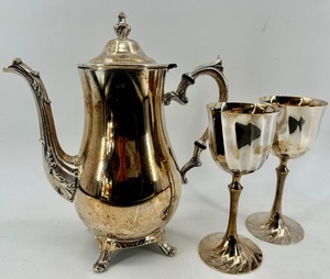 Vintage Silver Plate Coffee Pot with Lid and Goblets