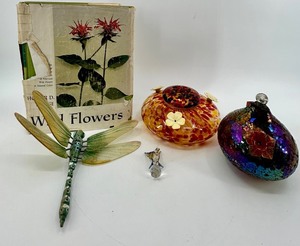 Vintage Wild Flowers Field Guide, Glass Hummingbird Feeders (2) & Crystal Hummingbird Ornament