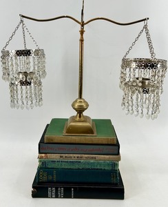 Brass Display Stand with Hanging Crystal Bead Votive Holders & Vintage Books