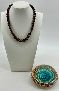 Tigers Eye Bead Necklace & Turquoise Ceramic Jewelry Dish (Lot of 2)