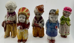 Five Hand-Painted Folk Art Childrens Figurines (Lot of 5) including Japan