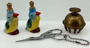 Pair of German Bird Perfume Bottles with Crown Tops, Brass Censer & Scissors