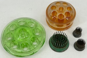 Vintage Flower Frogs - Green Glass & Marigold Glass & Metal (Lot of 5)