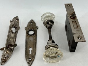 Glass Door Knob & Ornate Backplates with Strike Plate