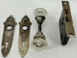 Antique Glass Door Knob Set with Ornate Escutcheons