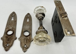 Glass Door Knob Set with Ornate Backplates & Hardware