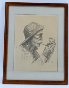 Joni Eareckson - Framed Pen and Ink Print - Portrait of a Man Smoking a Pipe