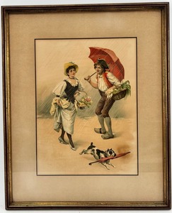 Leon Girardet Vintage Print - Couple with Umbrella Framed Artwork