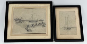 Pair of Vintage Harbor Scene Pencil Drawings