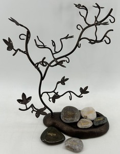 Metal Jewelry Tree Stand with Engraved Stones