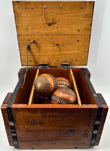 Vintage Wood Ammunition Crate & Decorative Spheres