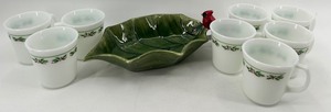 CorningWare Holly Days Mugs (8) & Susan Winget Leaf Dish