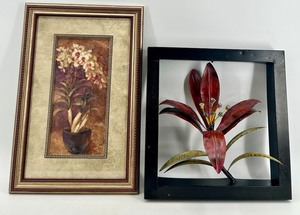 Framed Botanical Print in Ornate Gold Frame and Metal Floral wall Sculpture