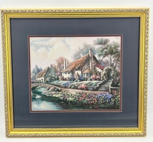 Framed Landscape Painting of Cottage in Bloom