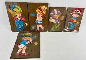 Vintage MCM Hand Painted Wooden Wall Panels - Cartoon Children Playing Sports