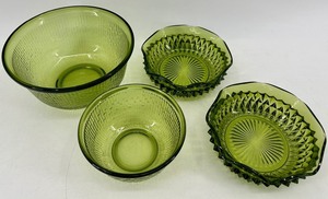 Green Depression Glass Bowls - Diamond Cut Pattern (Set of 4) - including Bartlett Collins