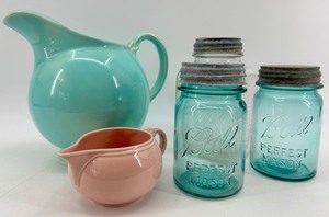Mason Jars with Zinc Lids, Hoosier Jar, Lu-Ray Pitcher & Pink Bowl
