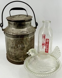 Antique Galvanized Cream Can, Bridgman Milk Bottle & Glass Hen on(Lot of 3)