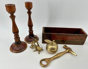 Pair Of Hand-Carved Polish Wood Candle Holders, Wooden Cheesebox, Brass Cricket, Apple and Bottle Opener