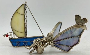 Sailboat Glass & Metal Sculpture with Fairy Butterfly Sculpture