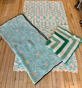 Three Crochet Afghans - Blue &amp Pink, Green &amp White, Pink, Green, Yellow &amp Blue&nbsp