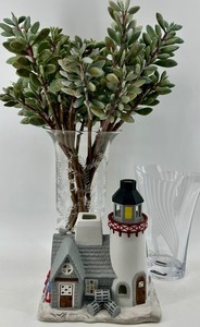 &nbspGlass Vase with Faux Greenery &amp PartyLite Stoney Harbor Lighthouse Set