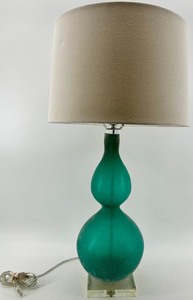 Teal Glass Table Lamp with Beige Drum Shade