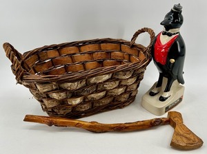 Old Crow Bourbon Decanter, Wicker Basket and Wooden Ax