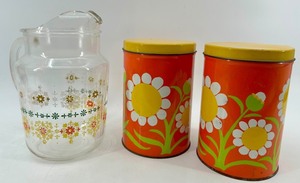 J. L. Clark Glass Pitcher & Floral Canisters - Rockford IL USA (Lot of 3)