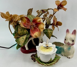 Vintage Lighted Console Deer Lamp, Vintage Ceramic Bunny Candle Holder & Bee Dish (Lot of 3)