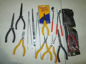Long reach pliers, tweezers and tel...