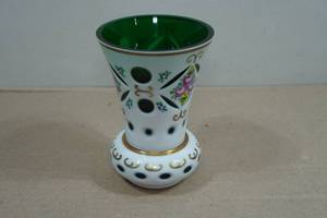 Vintage Boho Biedermeier Floral Green & Gold Glass Vase