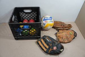 Bocce Ball Set with Baseball Gloves and Volleyball