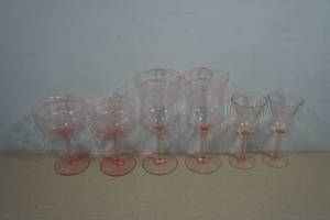 Pink Optic Rippled Thistle Glasses with Morgan Town Pink Etched Wine Glasses
