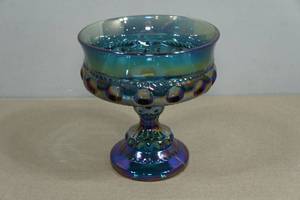 Vintage Indian Glass Bowl Company Blue Iridescent Carnival Glass King Crown Bowl