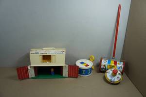 Vintage Toys - Fisher Price Family Farm, Musical Chime Roll Push Barrel and Xylophone & Drum