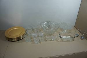 Assorted Tableware - Punch Bowl, Gold Plates, Glass Bread Pan