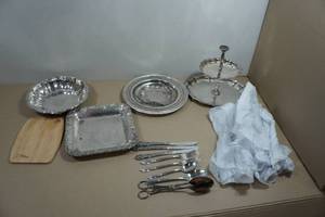 Assorted Tableware - Silver Serving Trays, Utensils, Cutting Boards