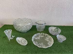 Glass Punchbowl with Cups & Glassware Items