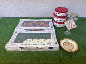 Table Covers, Redneck Wine Glass, Metal Containers & Chokin Art Plate