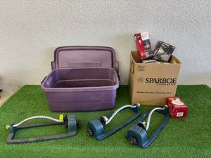 Tote of Lawn Sprinklers & Box of Light Bulbs