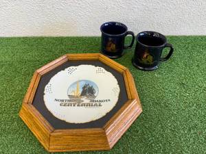Framed ND Centennial Plate & Centennial Cups